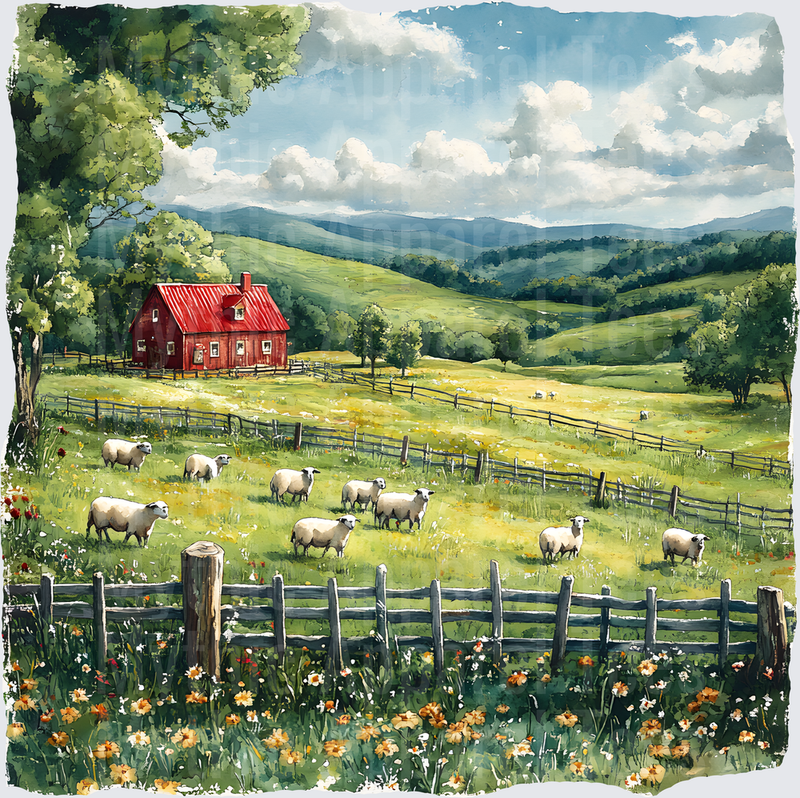 Farm Life and Farm Animals Sheep Grazing Watercolor Countryside Scene
