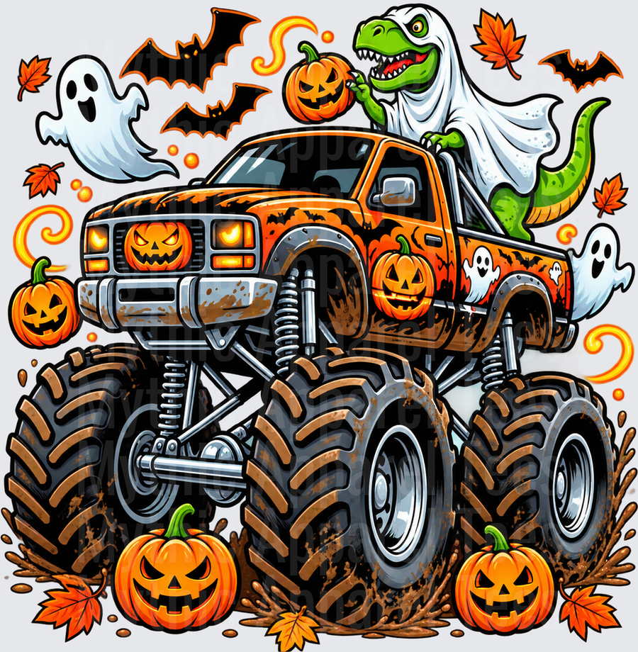 Monster Truck Halloween Ghost T-Rex Dinosaur Riding Jack-O-Lantern Pumpkin with Bats Ghosts and Fall Leaves