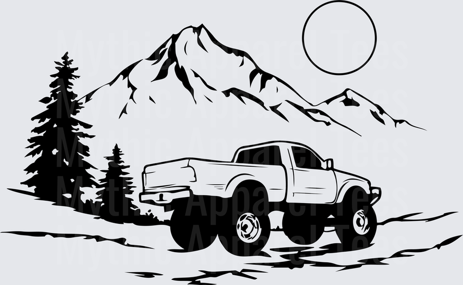 Off Road Jeep Lifted Truck Mountain Pine Trees Sun Scene