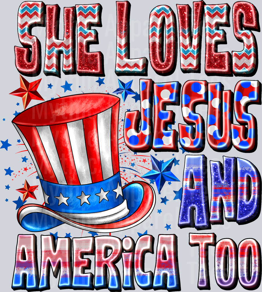 She Loves Jesus And America Too 2 4th of july DTF Patriotic Transfers