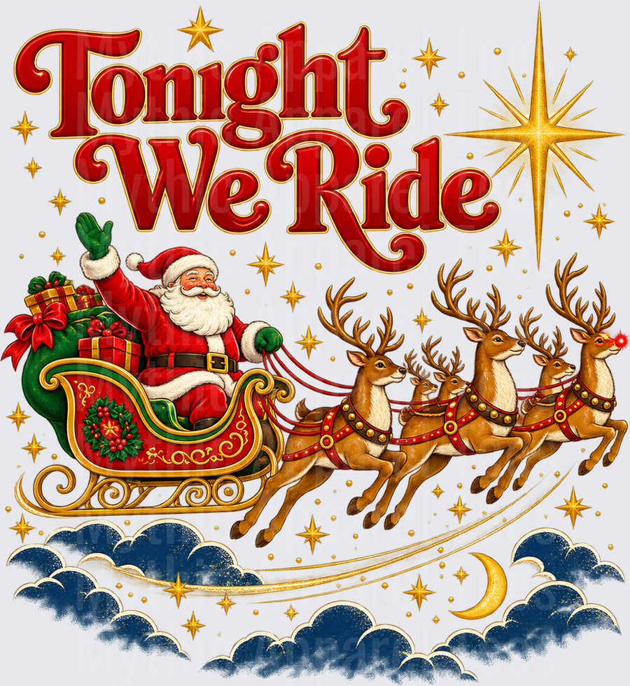 Tonight We Ride Santa Claus Flying Sleigh with Reindeer Rudolph Gold Stars Night Sky Christmas