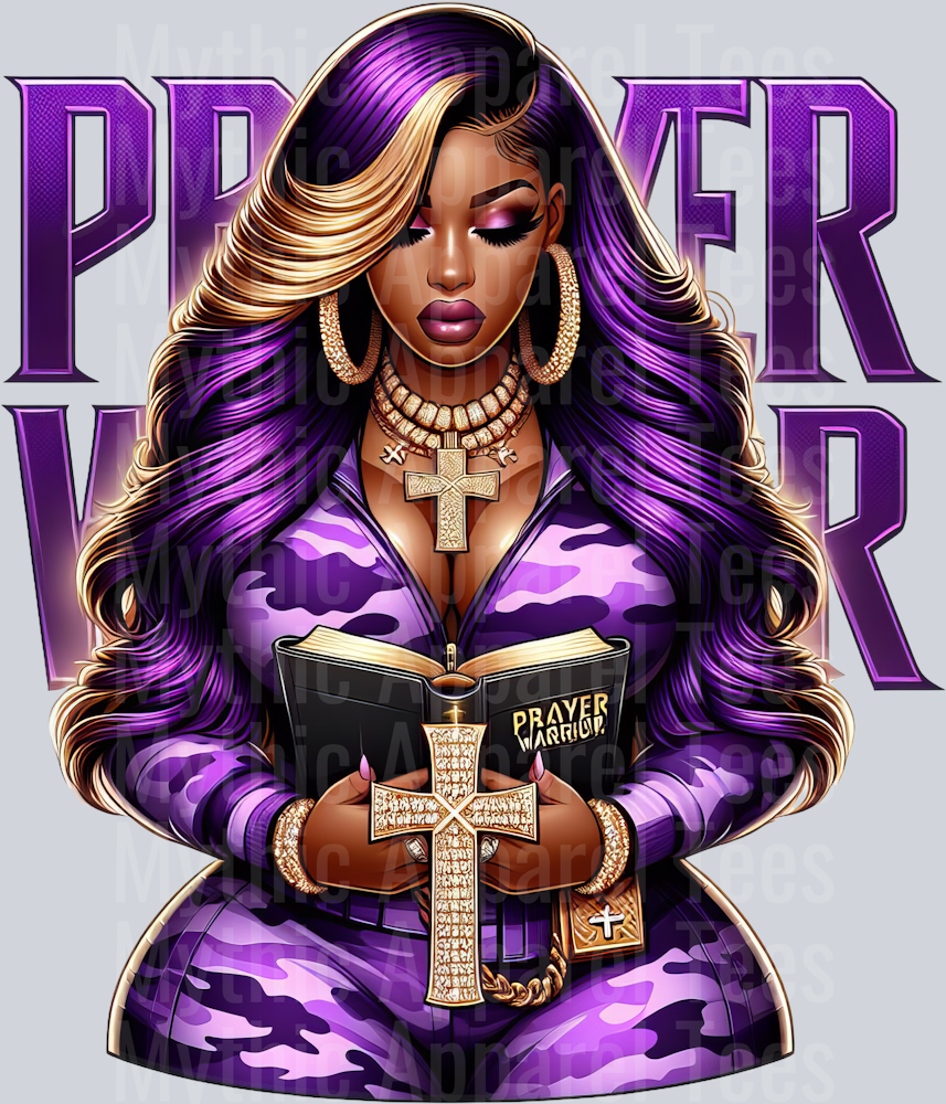 Girl with open bible 7 cross PW Purple Prayer Warrior DTF Religious Transfers