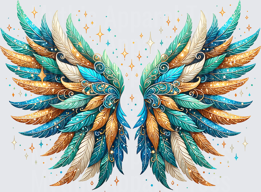 Angel Wings Boho Teal Gold Glitter Feather Spread Design