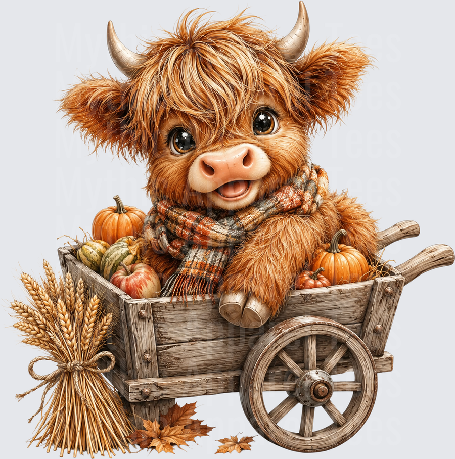 Cute Baby Highland Cow in Rustic Wooden Cart with Fall Pumpkins Wheat Sheaf and Autumn Leaves Wearing Plaid Scarf