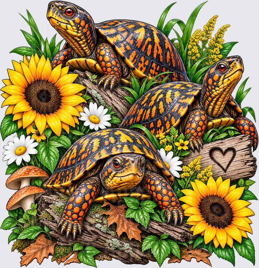 Turtles Three Eastern Box Turtles with Sunflowers Daisies Mushrooms and Heart Carved Wood in Nature Garden Scene