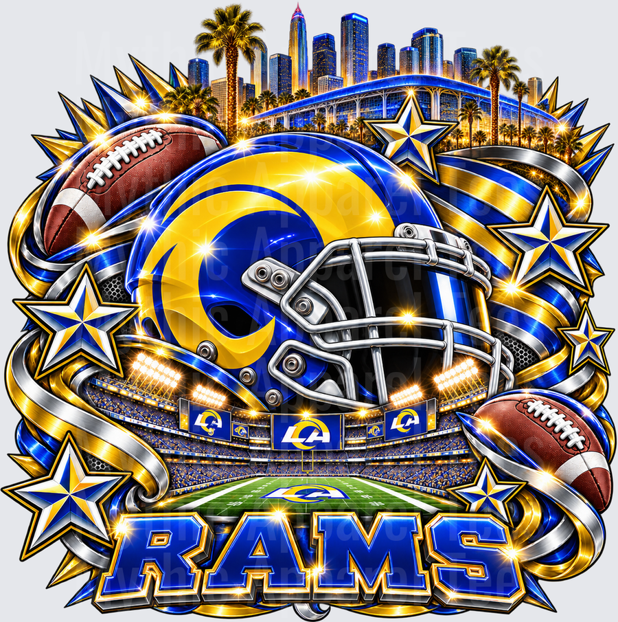 Los Angeles Rams Blue and Gold Helmet Stadium Skyline Bold Graphic with Stars and Footballs