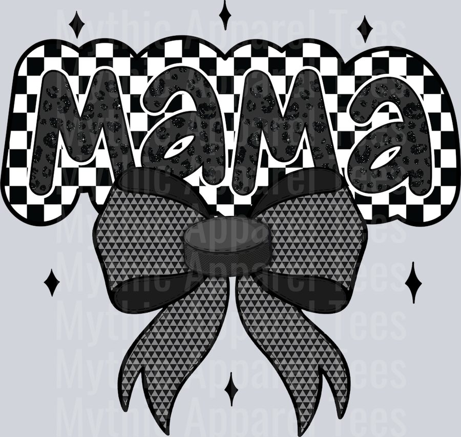 Hockey Mama with black puck pattern bow checkers and greys cute DTF Sports Transfers