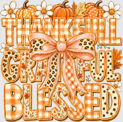 Fall Designs Thankful Grateful Blessed Pumpkin Daisy Leopard Plaid Buffalo Check Mixed Pattern Letters with Coquette Bow Fall Autumn Thanksgiving
