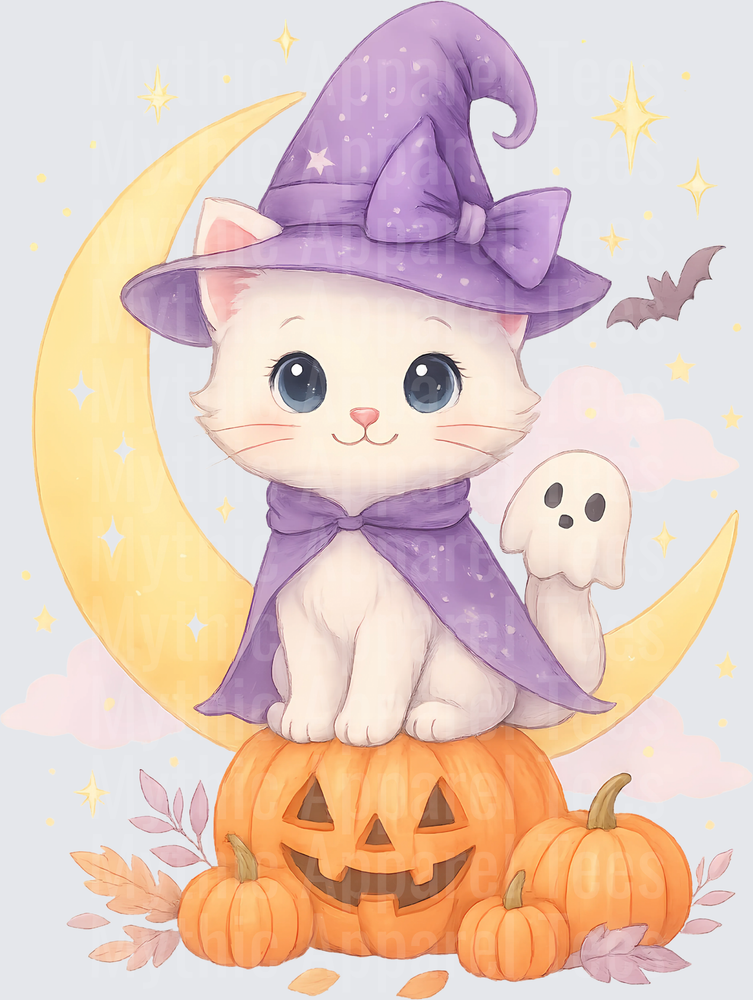 Cute White Witch Kitten Sitting on Jack-o-Lantern with Crescent Moon Ghost and Bat Halloween
