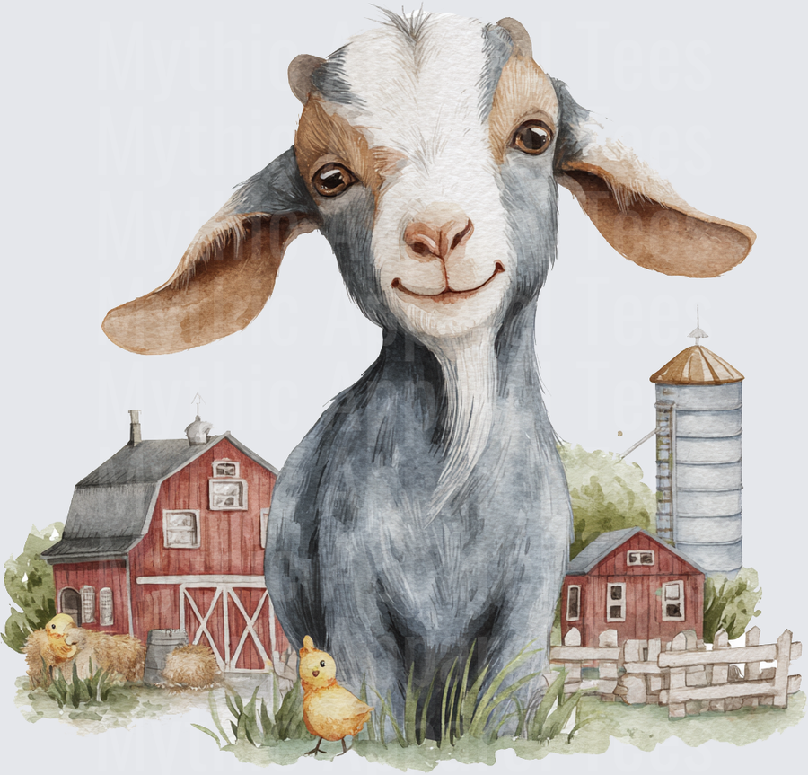 Watercolor Smiling Goat with Red Barn Silo and Baby Chicks Farm Scene