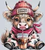 Coffee Addict Highland Cow, Vintage Style, Animal Designs, Inspirational, Coffee Transfers, DTF Transfer