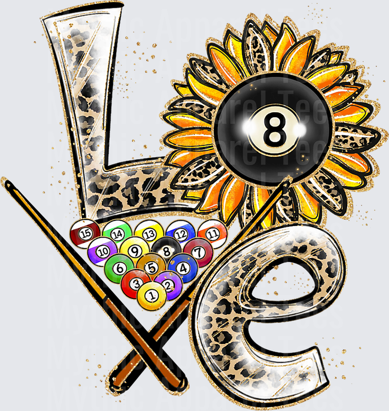 Love Billiards Leopard Print Letters with 8 Ball Sunflower Crossed Cue Sticks and Racked Pool Balls