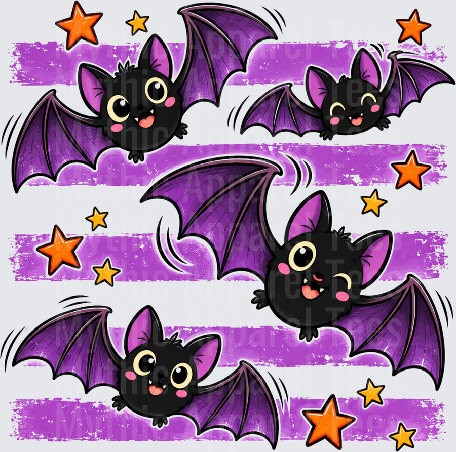 Halloween Cute Kawaii Black Bats with Purple Wings Flying Among Orange Stars on Purple Stripe Background