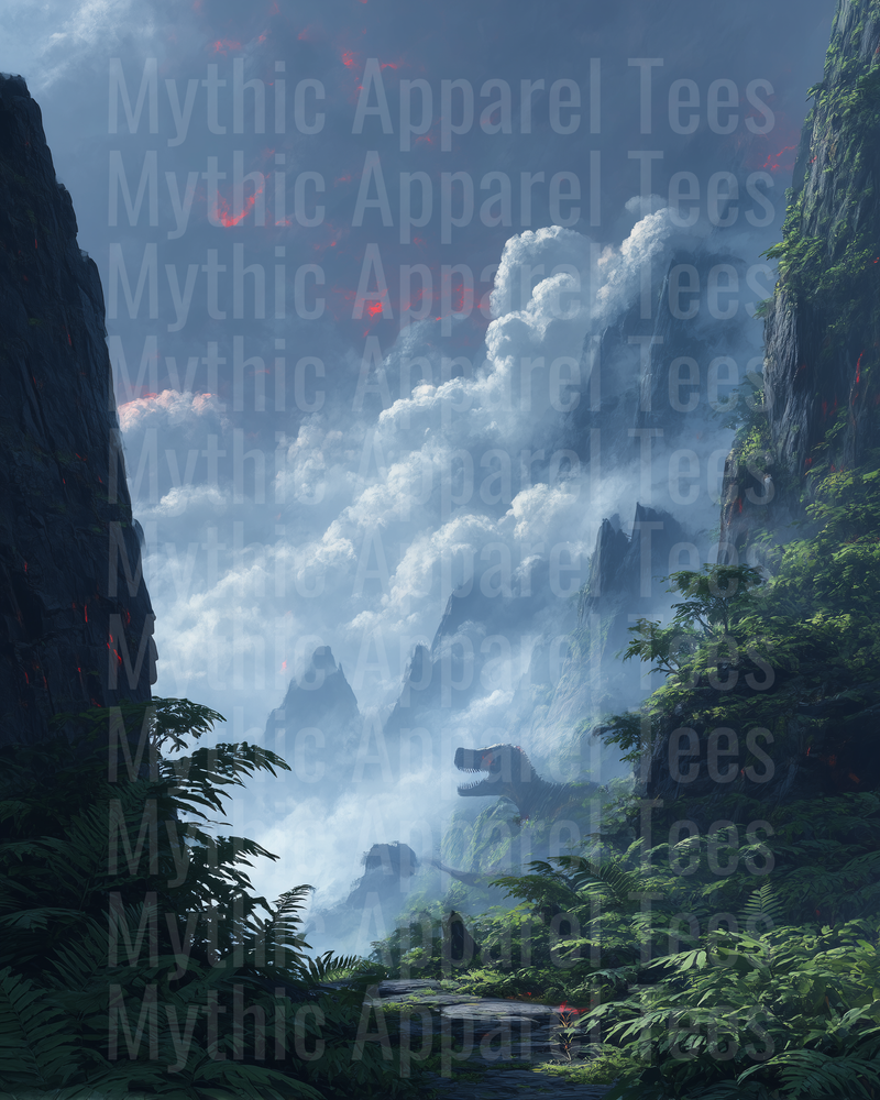 T-Rex Emerging From Volcanic Mist in Ancient Jungle Canyon
