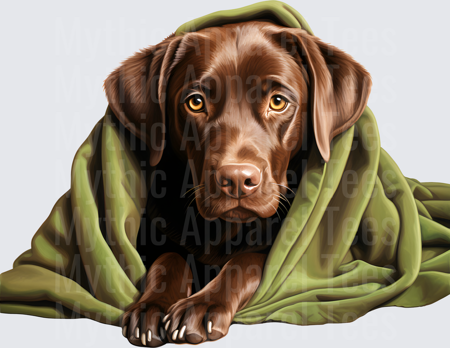 Cozy Chocolate Labrador Wrapped in Green Blanket with Soulful Eyes