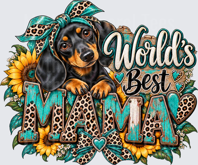 Dachshund World's Best Mama Black and Tan Wiener Dog with Teal Leopard Print Bow Sunflower Design