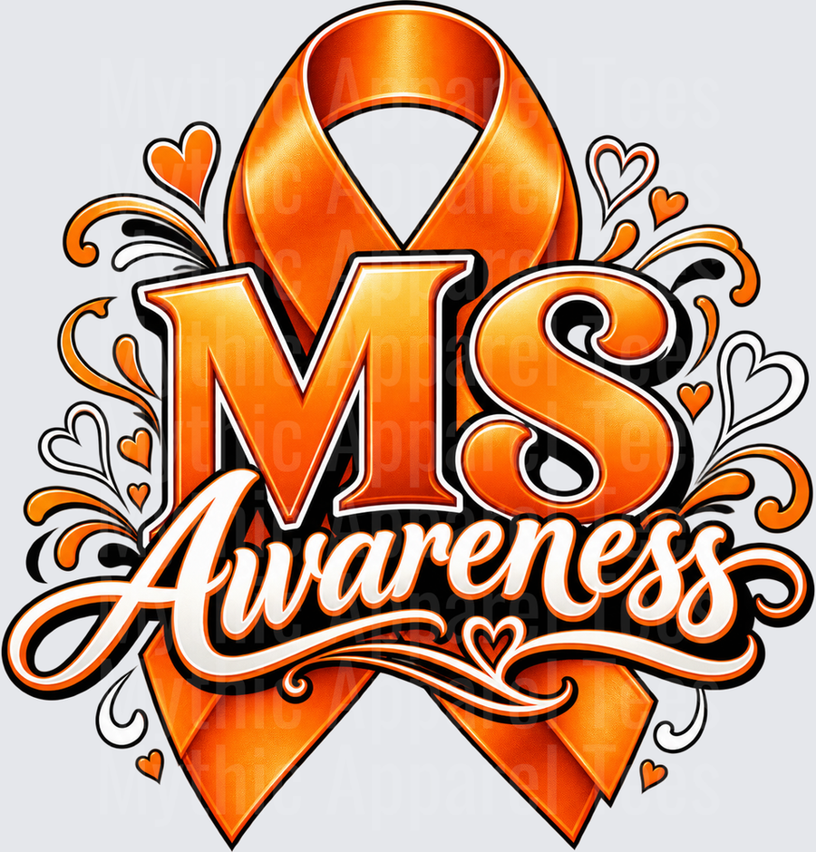 MS Awareness Orange Ribbon with Decorative Hearts and Swirls