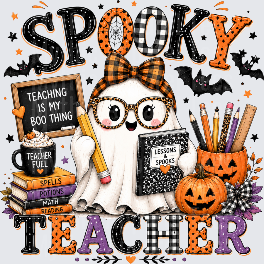 Spooky Teacher Ghost with Leopard Glasses Buffalo Plaid Bow Teaching Is My Boo Thing Lessons and Spooks Halloween