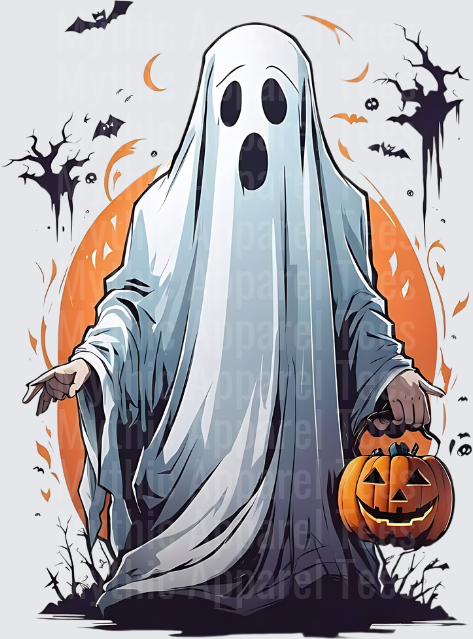 Spooky Ghost Costume Figure Holding Jack-O-Lantern Pumpkin with Bats and Haunted Trees Halloween Scene