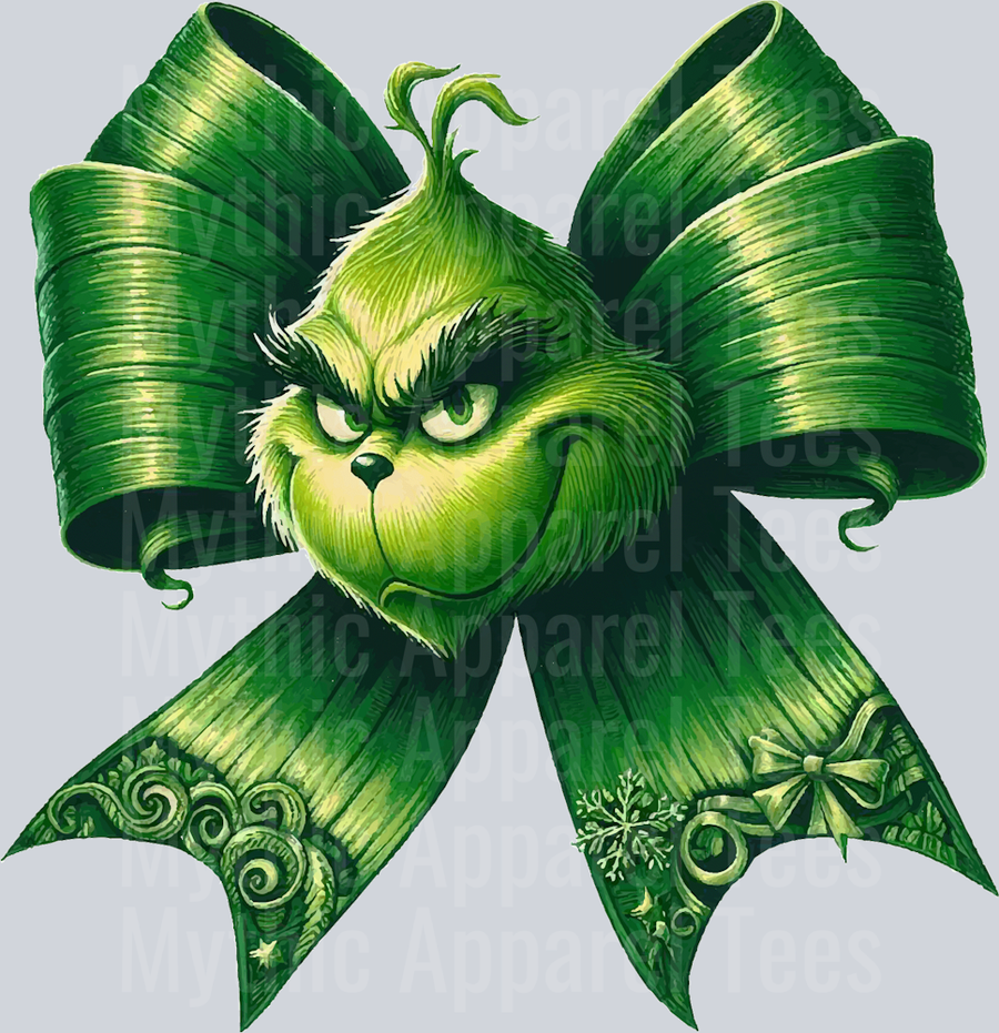 Grinch green bow with smiling grinch DTF Christmas Highland Cows Transfers