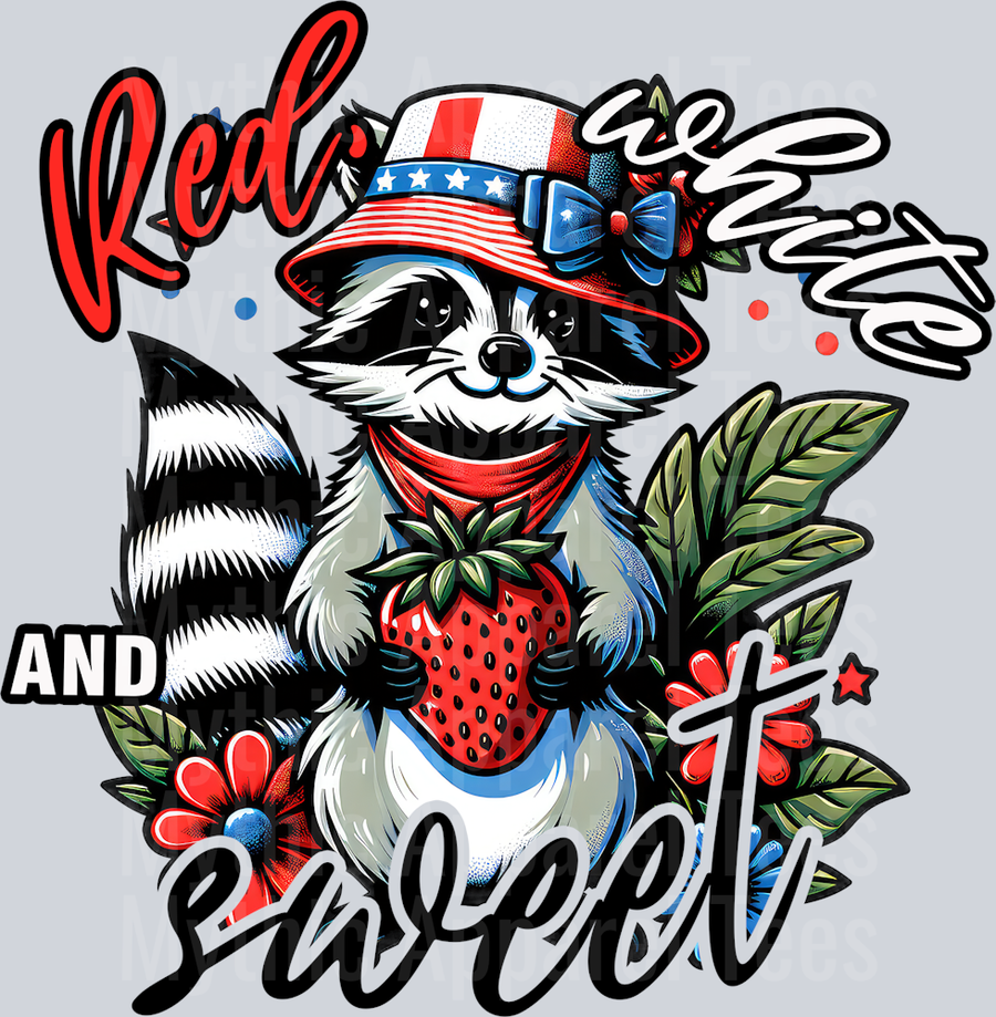 Red white and Sweet Strawberry Racoon DTF Patriotic Transfers