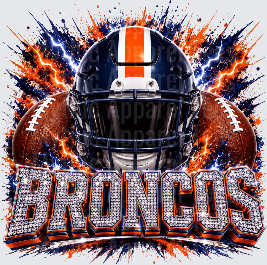 Rhinestone Style NFL Broncos Navy Blue and Orange Football Helmet Lightning Bolt Paint Splash Bling Lettering