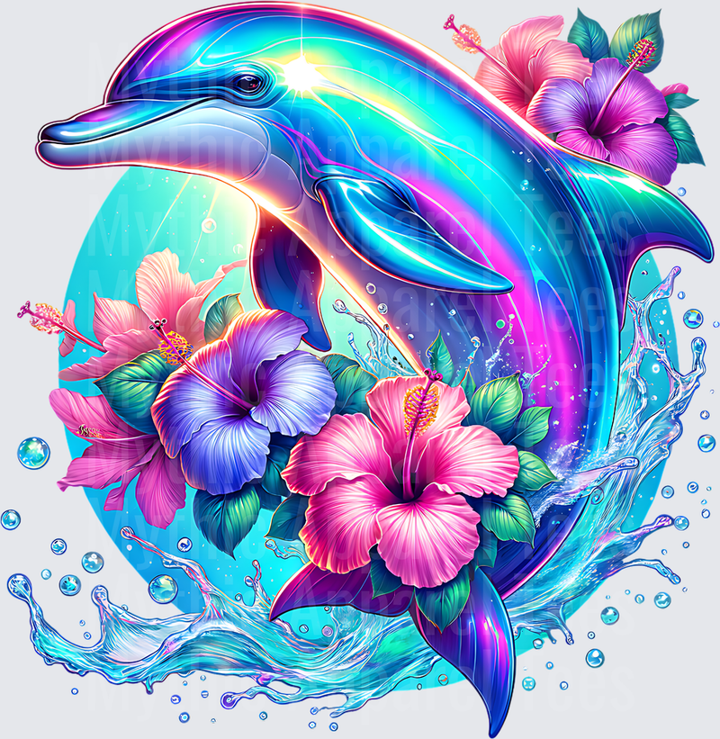 Ocean Animals Holographic Dolphin Leaping With Tropical Hibiscus Flowers And Water Splash