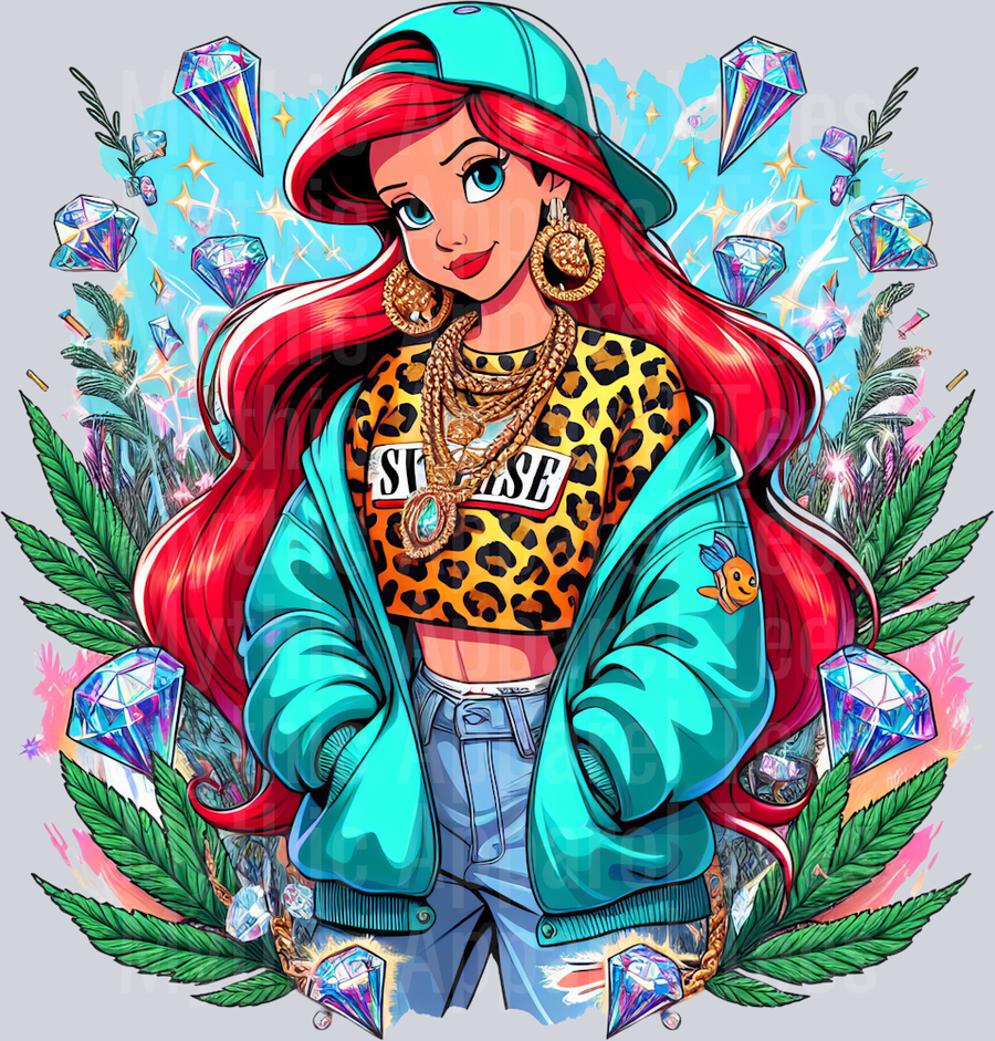 Ariel Blue Jacket Cheeta Print Jewels Smoking Weed DTF Weed Transfers