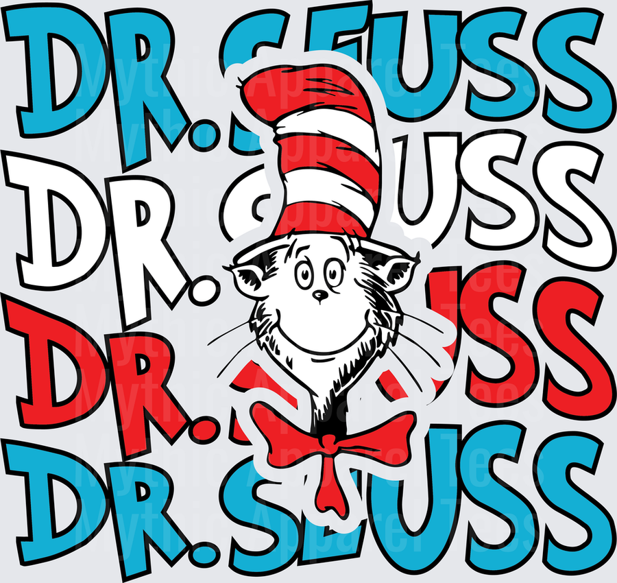 Dr. Seuss Cat in the Hat Face Repeated Stacked Text Design in Red White and Blue