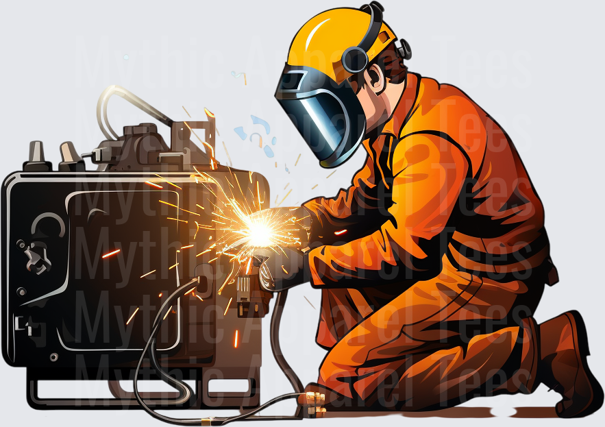 Welder in Orange Coveralls Kneeling with Welding Torch Sparks Flying Industrial Worker