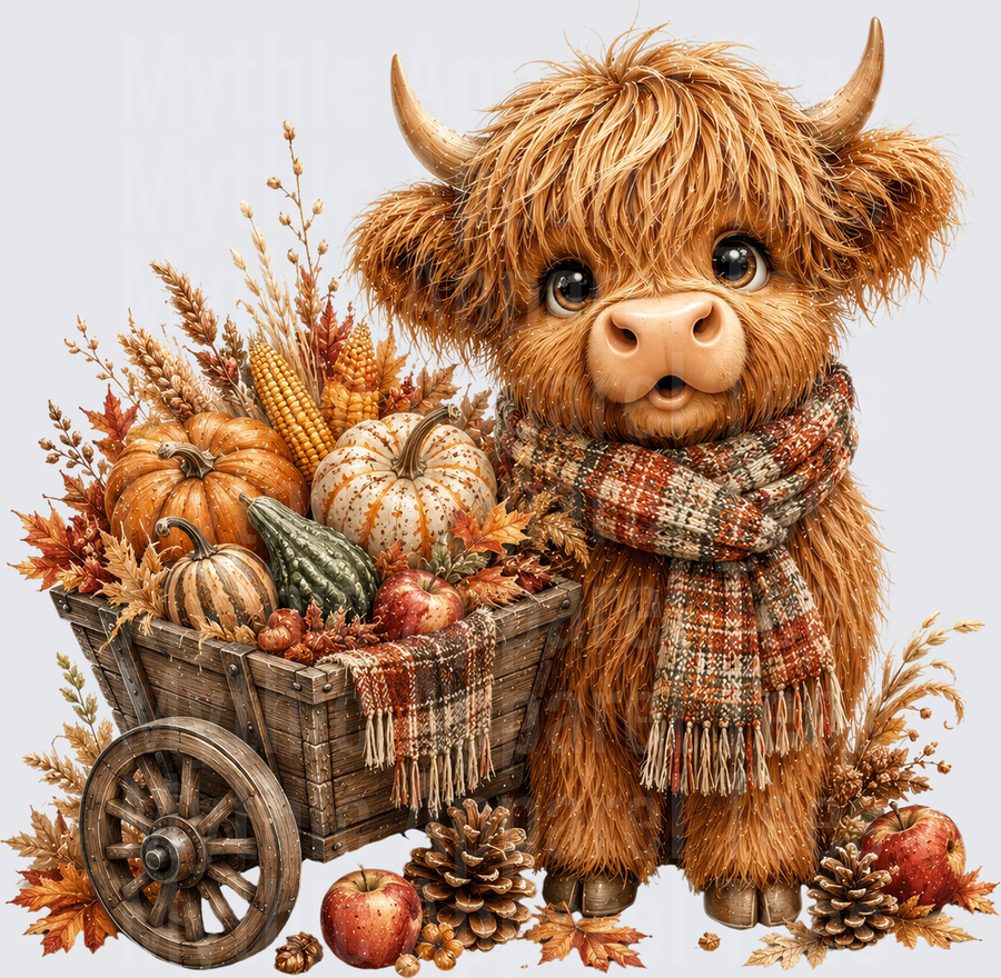 Cute Baby Highland Cow with Plaid Scarf and Autumn Harvest Wagon Filled with Pumpkins Gourds Corn and Fall Leaves