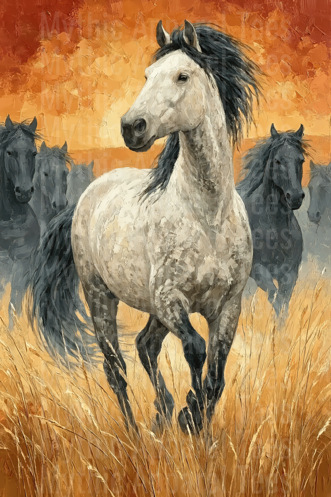 Majestic White Horse Leading Wild Herd Through Golden Prairie at Sunset Oil Painting Style