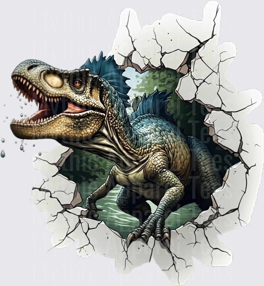 Fierce T-Rex Bursting Through Cracked Wall Breakout Dinosaur