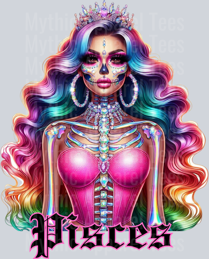 Pisces Glam Skull Girl Horoscope DTF Zodiac Sign Transfers