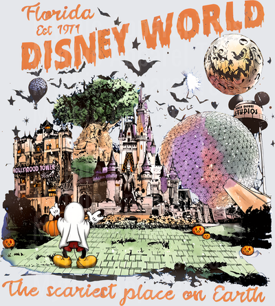 Florida Disney World Est 1971 The Scariest Place On Earth Halloween Mickey Mouse Ghost Costume With Cinderella Castle Epcot Hollywood Tower Hotel Bats And Jack-O-Lanterns