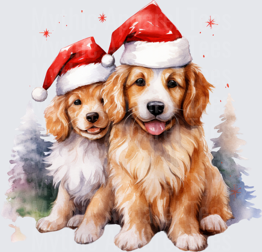 Watercolor Golden Retriever Duo Wearing Santa Hats with Snowy Pine Tree Background and Red Snowflakes