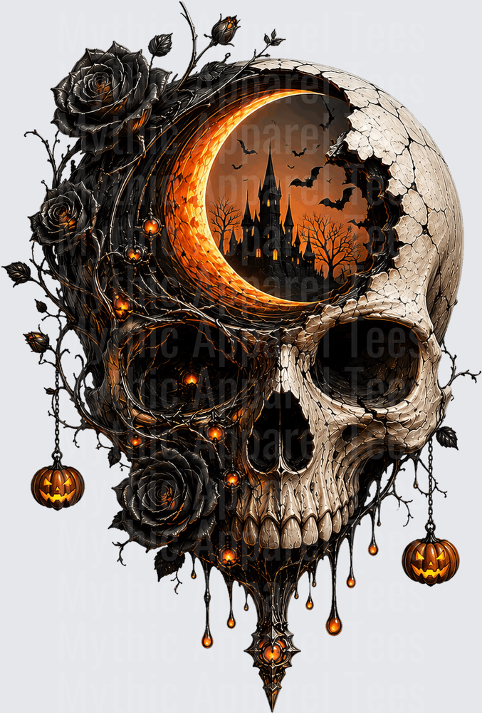 Halloween Gothic Skull Crescent Moon Haunted Castle Black Roses Jack-o-Lanterns