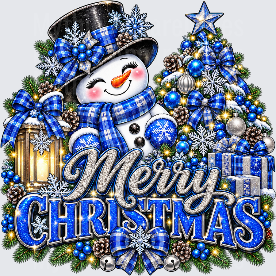 Christmas Glam Snowman Blue Plaid Merry Christmas Glitter Design with Lantern Tree and Gifts