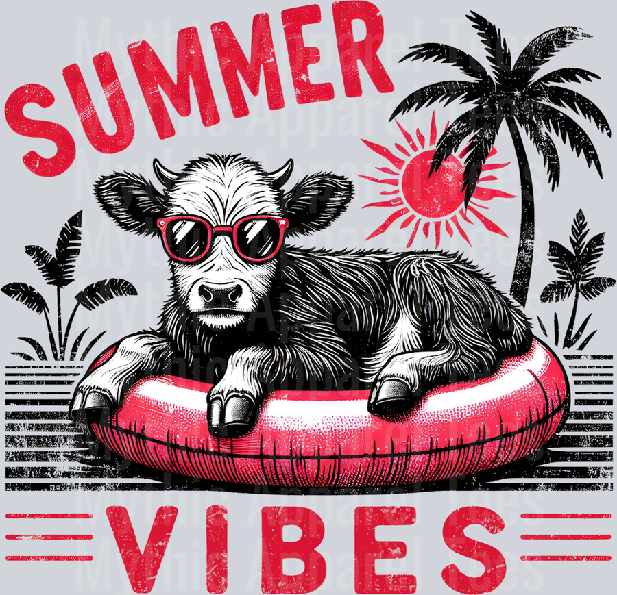 Summer vibes palm trees grey tone with red highland cow floating DTF Summer Transfers