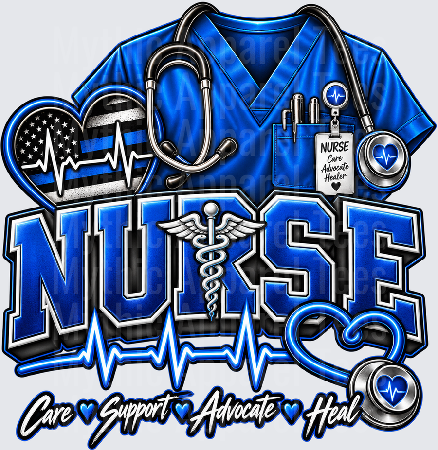 Blue Nurse Scrubs Caduceus Heartbeat Care Support Advocate Heal Patriotic Heart Stethoscope Design