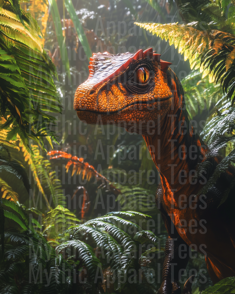 Raptor Dinosaur Emerging Through Lush Prehistoric Jungle Ferns in Golden Orange and Black