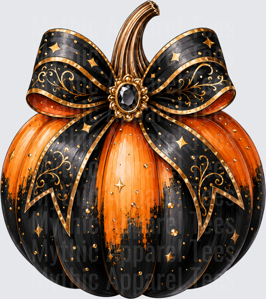 Halloween Elegant Black and Orange Pumpkin with Gold Star Embellishments and Ornate Jeweled Bow