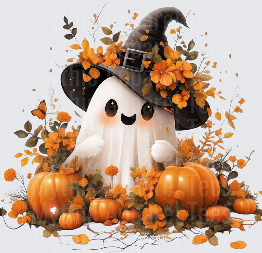 Halloween Cute Ghost Witch Hat Pumpkins Fall Floral Design