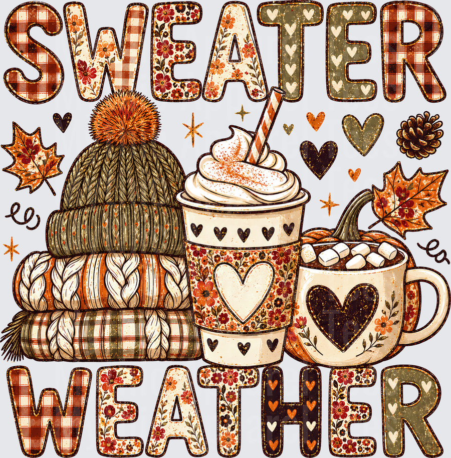 Fall Designs Sweater Weather Pom Pom Beanie Stacked Knit Sweaters Pumpkin Spice Latte Hot Cocoa Marshmallow Mug Autumn Leaves Pine Cone Plaid Floral Patterned Letters