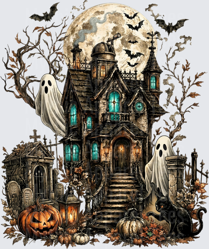 Victorian Haunted Mansion Full Moon Ghosts Bats Black Cat Jack-o-Lantern Graveyard Halloween Scene