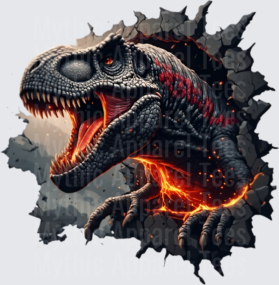 Fierce T-Rex Bursting Through Cracked Wall With Glowing Lava Fire