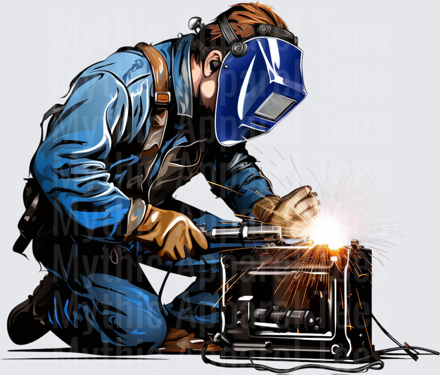 Kneeling Welder Blue Welding Helmet Sparks Flying Metal Work