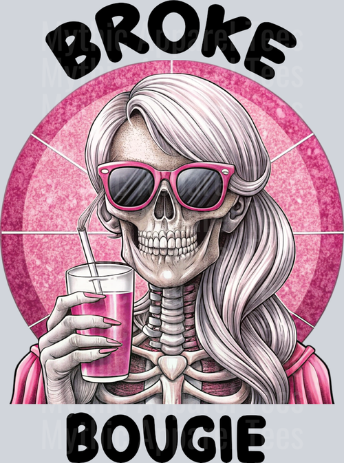 Broke Bougie Skull girl with pink drink DTF Skull Transfers