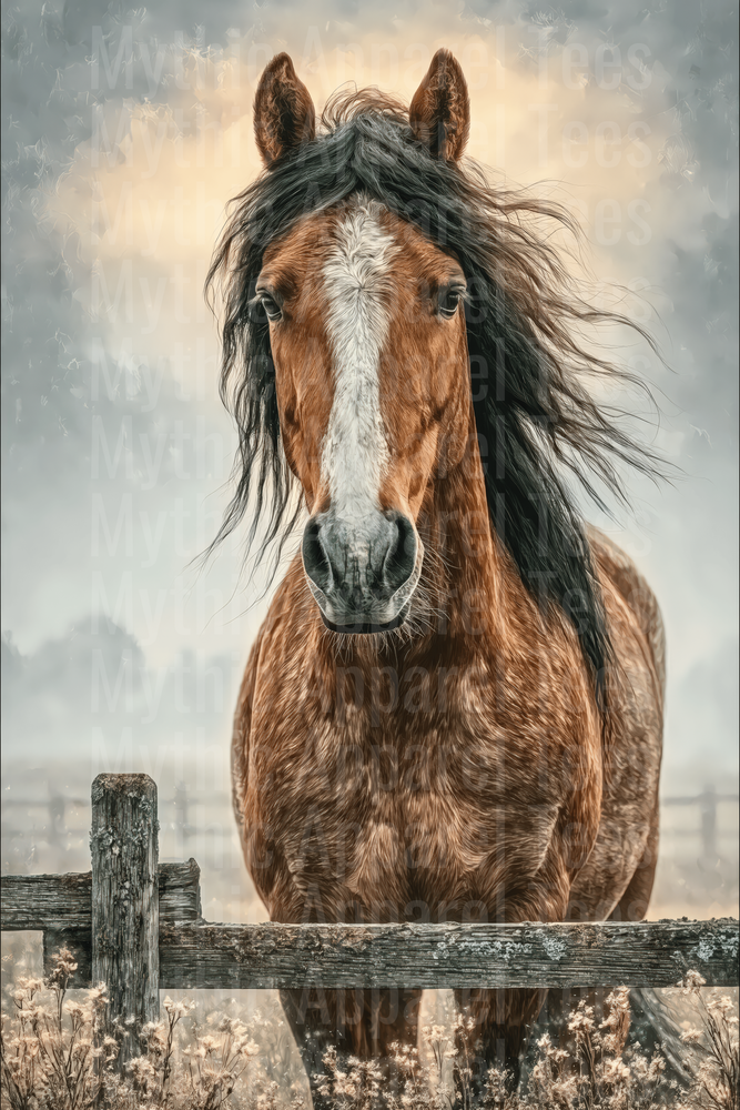 Majestic Bay Horse with White Blaze and Flowing Black Mane at Rustic Wooden Fence