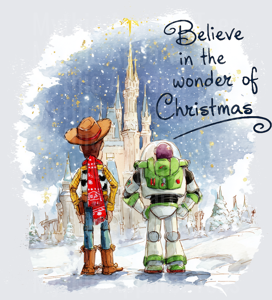 Woody and Buzz Lightyear Believe in the Wonder of Christmas Watercolor Castle Snow Scene